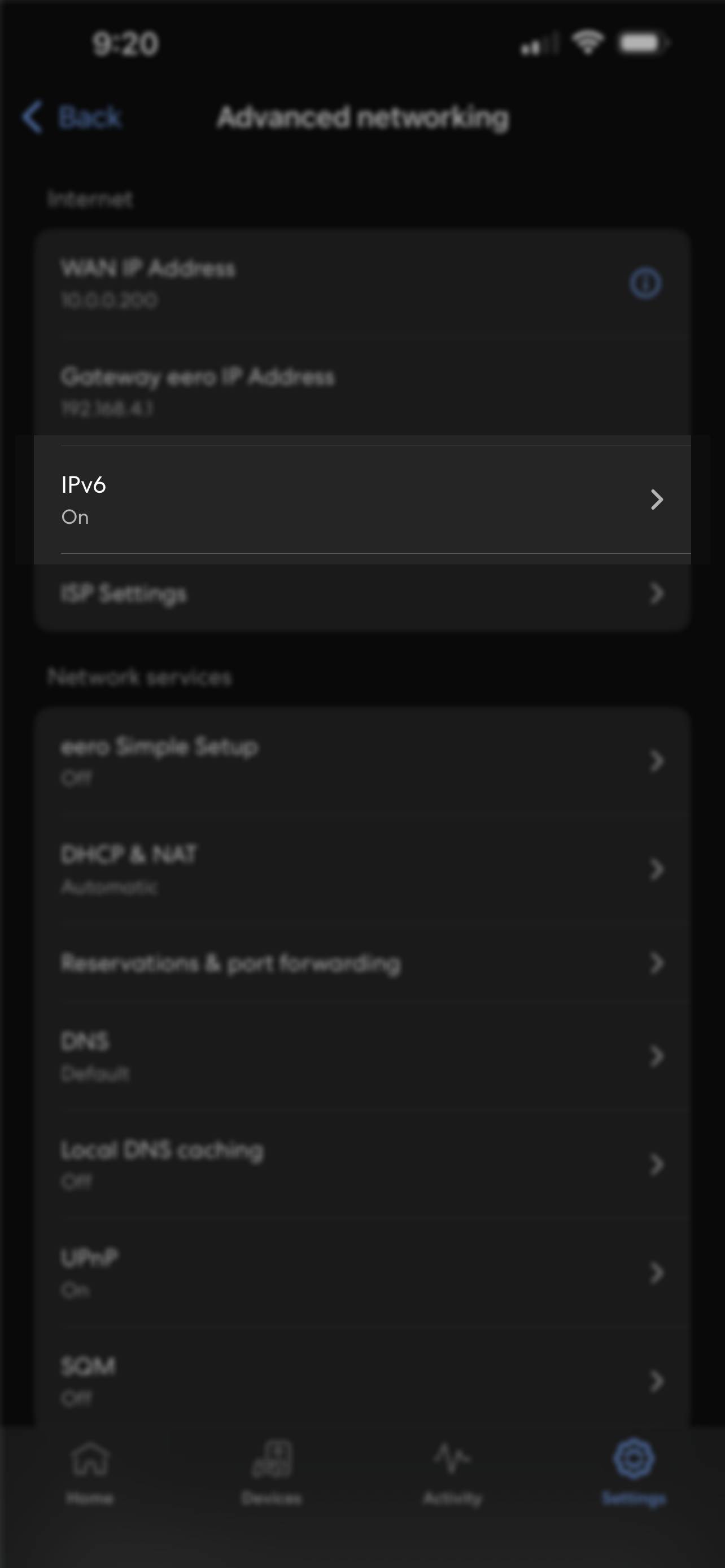 Advanced networking page with IPv6 (third option down) highlighted