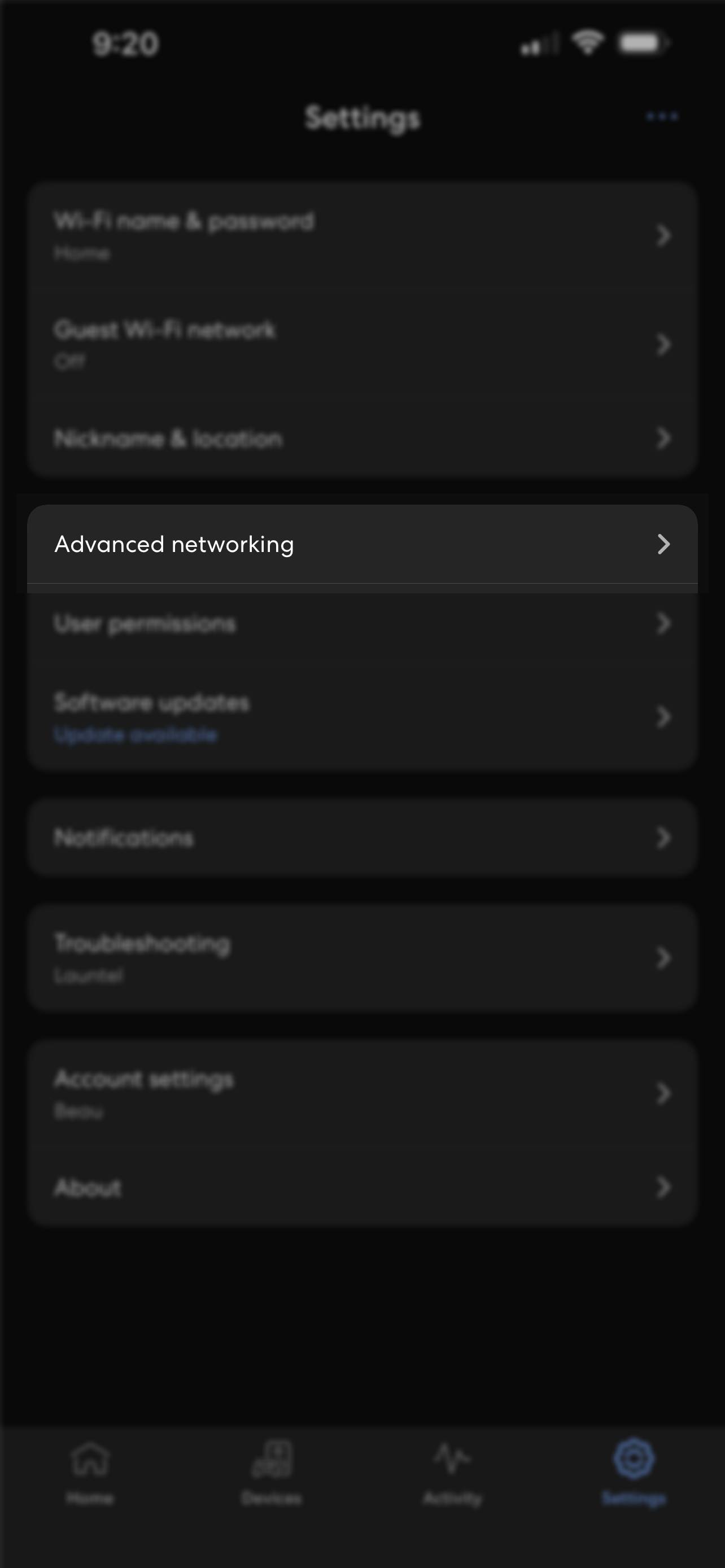 Settings page, with Advanced networking (fourth option down) highlighted